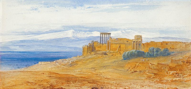 Baalbek, Líbano de Edward Lear, aquarela sobre papel, apresenta colunas monumentais contra um céu azul.