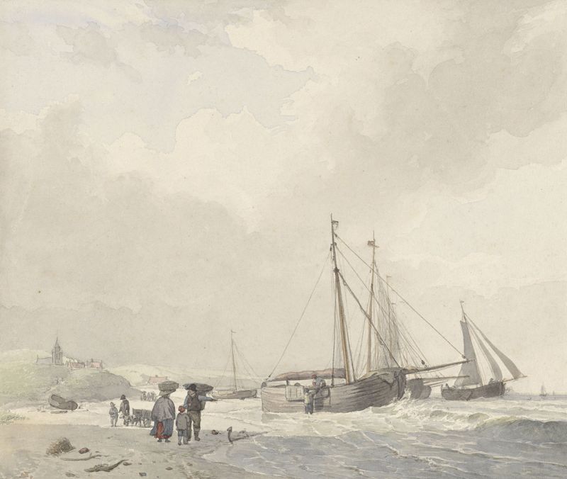 Marine scene by Hendrikus van de Sande Bakhuyzen, depicting a beach with figures and a serene sea.