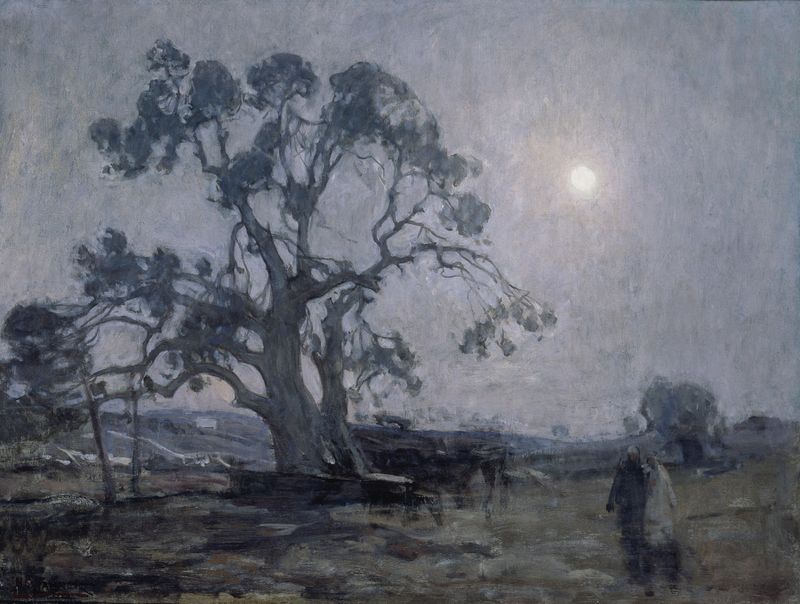 Oil painting by Henry Ossawa Tanner depicting an oak tree with light filtering through the canopy.