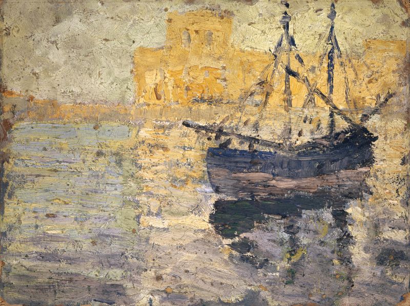 Harbour with Sailing Boat by Ernst Schiess, oil on canvas showing a boat on shimmering water