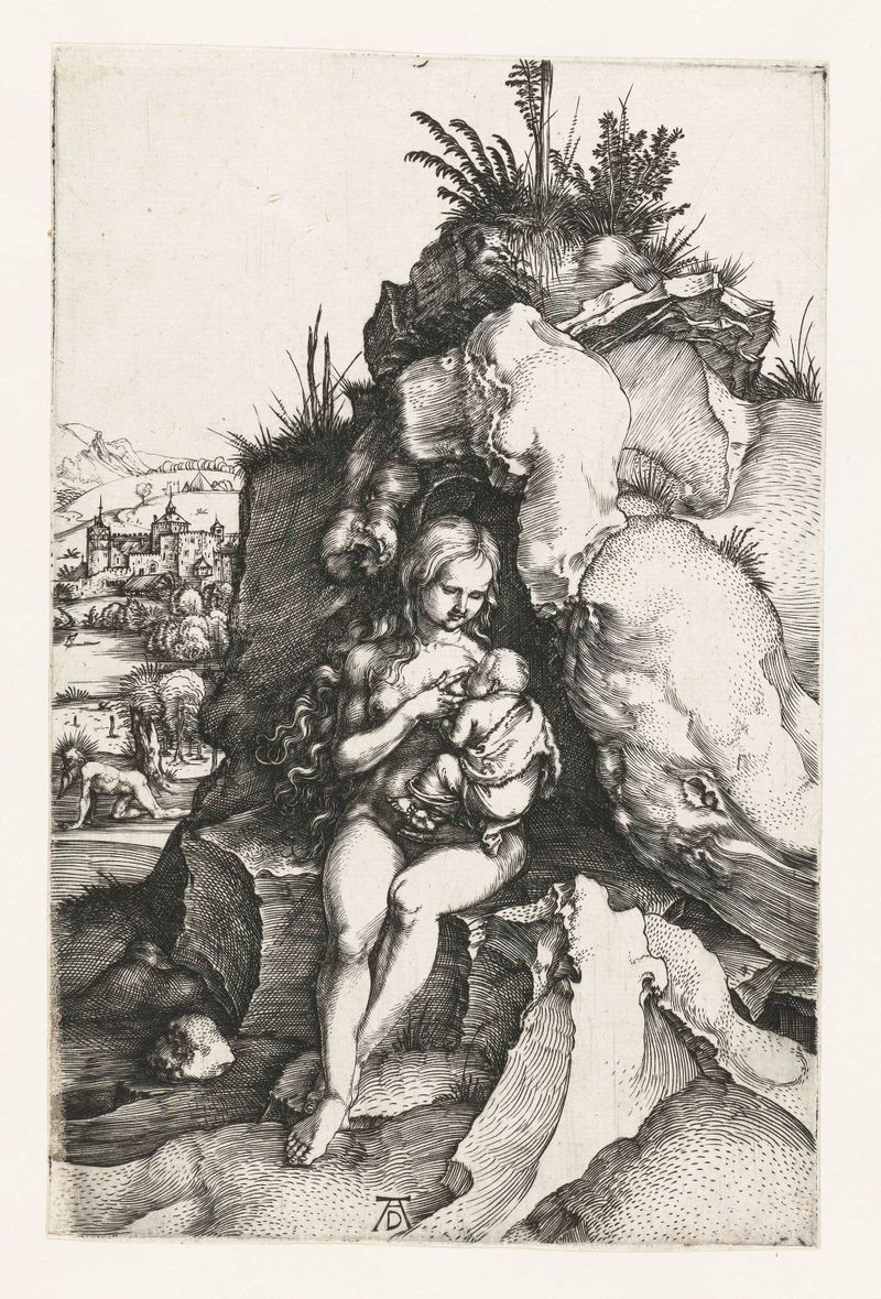 Grabado de Albrecht Dürer que muestra a una reina con su hijo recién nacido
