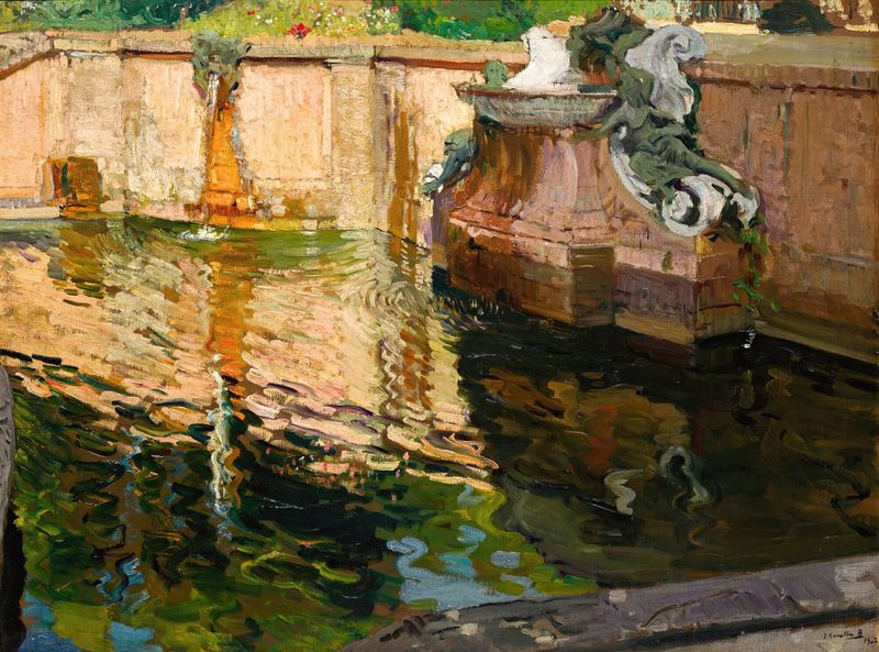 La Fuente De Los Caballos, La Granja by Joaquín Sorolla, oil on canvas depicting horses near a fountain