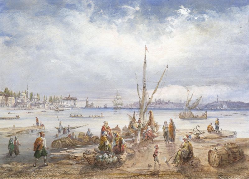 Landscape of Istanbul at dusk, featuring minarets, oil painting by Carlo Bossoli.