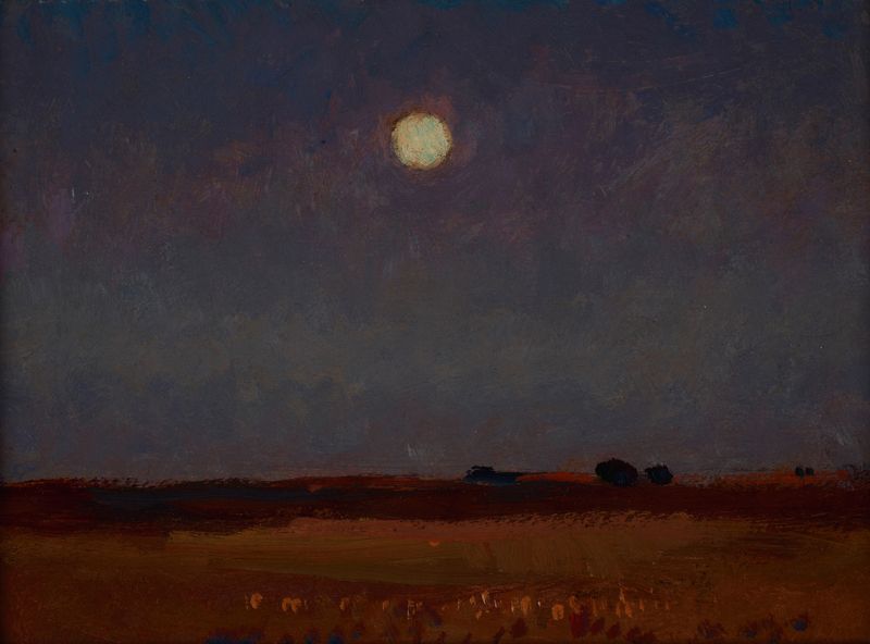 Moonlit Night de Jan Stanisławski, pintura a óleo que retrata um lago sereno refletindo a luz da lua.