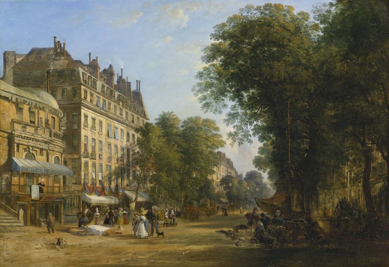 Boulevard Montmartre de Caleb Robert Stanley, óleo sobre tela retratando uma rua animada com árvores e pastéis suaves.