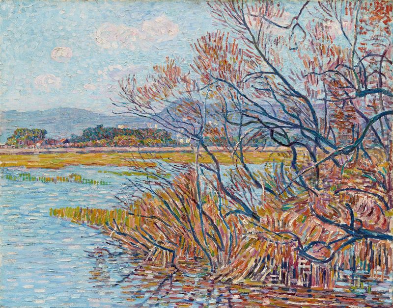Paisaje inundado con restos de árboles y juncos de Paul Baum, pintura al óleo