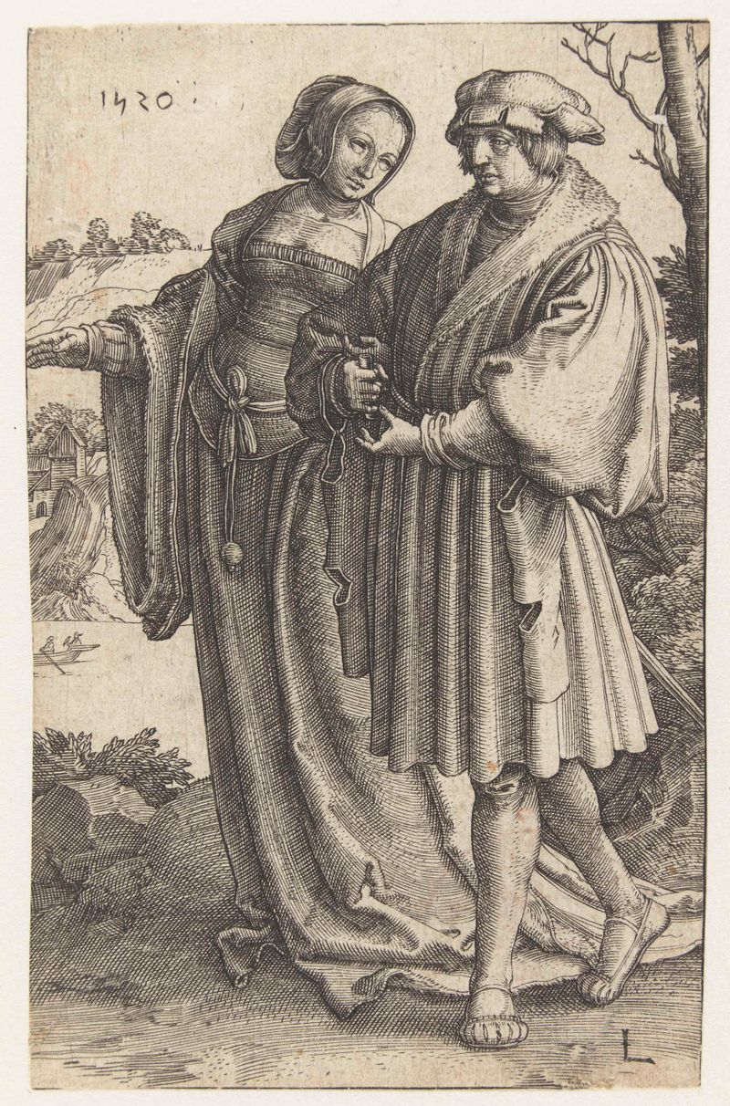 Grabado de Lucas van Leyden que representa a una pareja en un abrazo con prendas intrincadas.