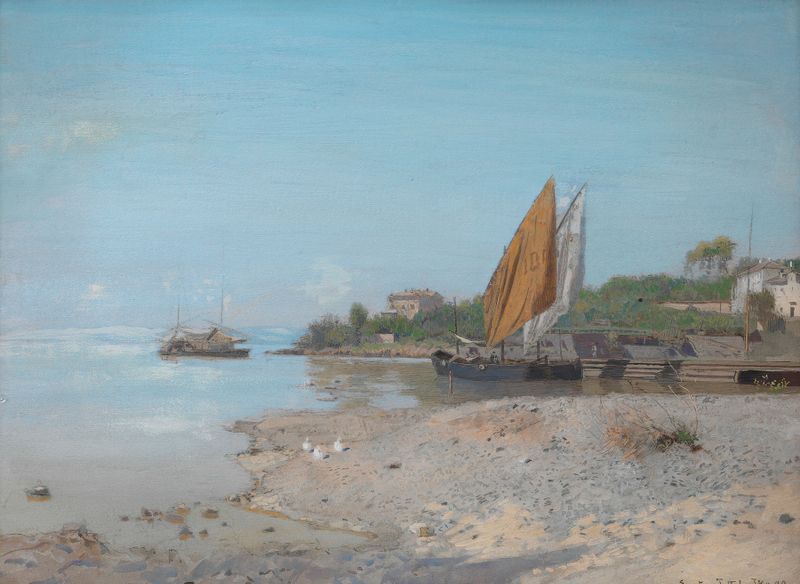 Uferlandschaft der ‘Ika’ de Eugen Jettel, óleo sobre tela representando uma paisagem de rio tranquila.