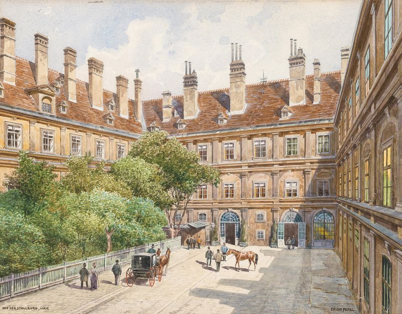 Hof der Stallburg, Vienna by Erwin Pendl, oil on canvas depicting a courtyard with sunlight and shadows.
