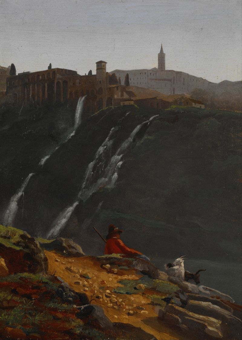 Goatherd Opposite the Falls of Tivoli by Achille Etna Michallon, depicting a goatherd near a waterfall, oil painting
