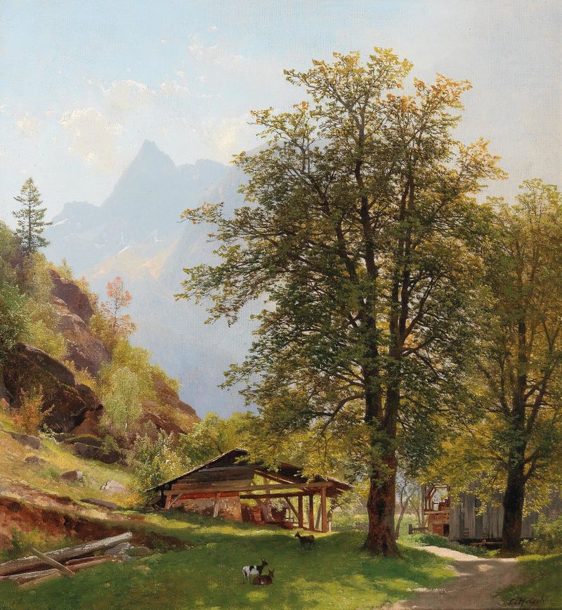 Landscape with Farm Buildings by Carl Hasch, oil painting depicting a serene sky and distant farm.