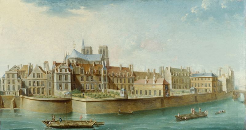 Le Cloître Notre-Dame, oil painting by Nicolas Jean-Baptiste Raguenet, featuring a cathedral by the river.