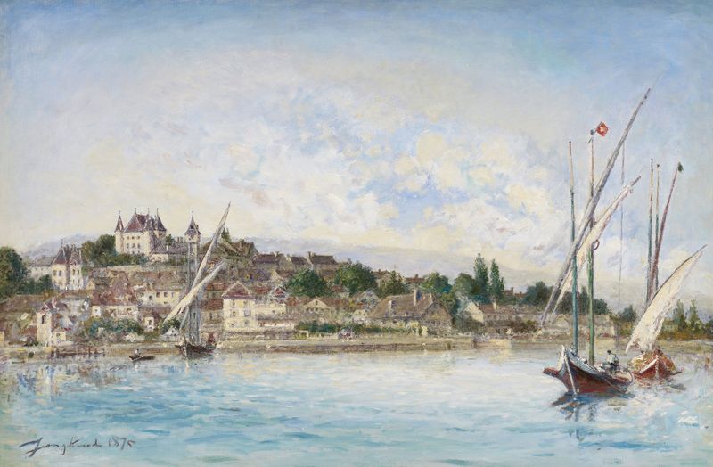 Vista del Lago Léman en Nyon de Johan Barthold Jongkind, óleo que muestra una escena de lago tranquila.