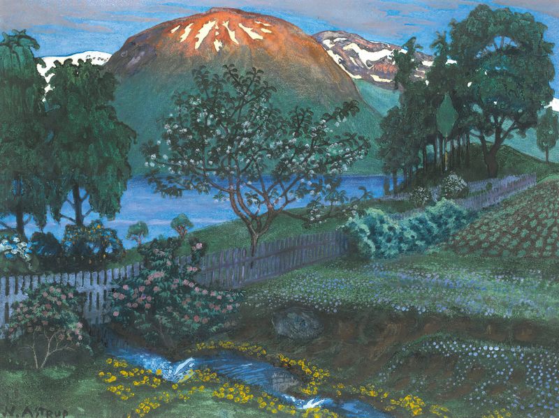 Moonlight illuminating a lush garden in Juninatt I Haven by Nikolai Astrup, oil painting