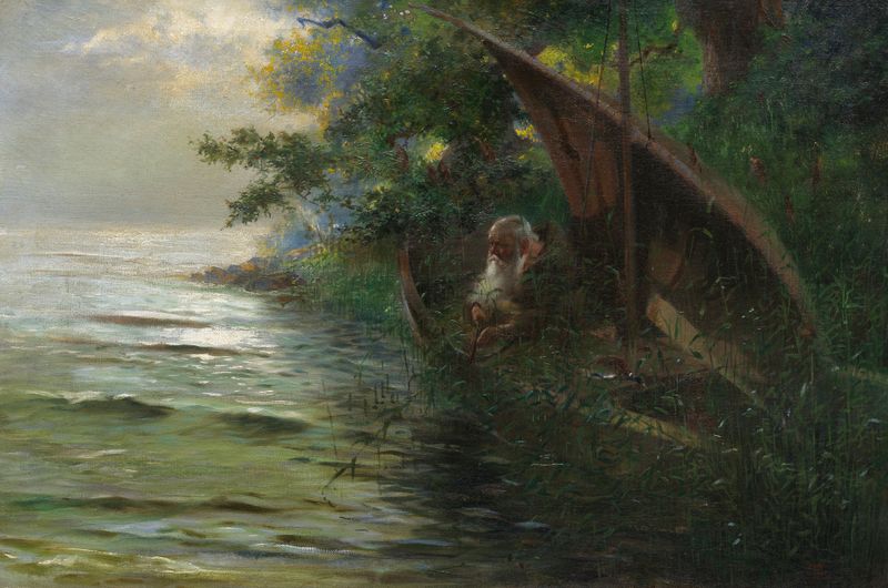 Pintura a óleo de Hans Thoma, 1873, retratando um sacerdote em um barco em um lago.