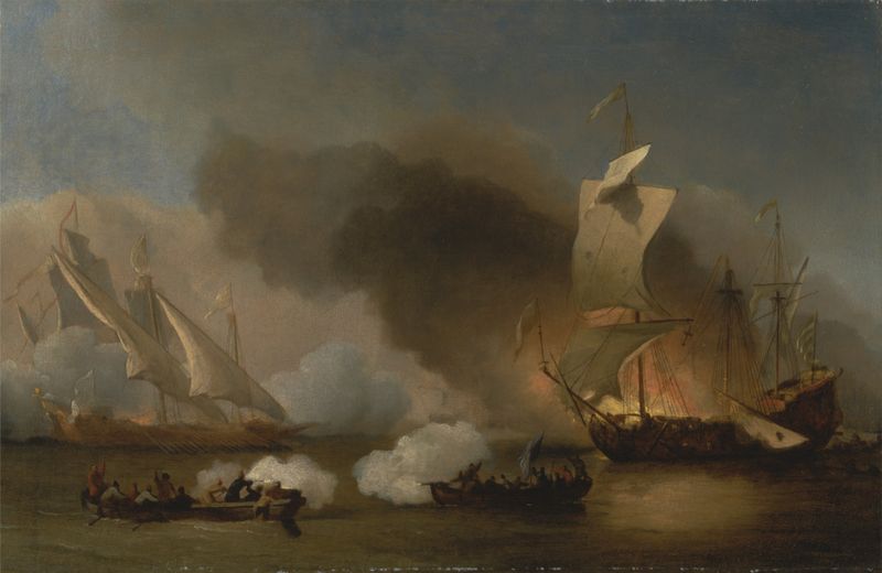 Cena marinha com navios em batalha, pintura a óleo de Willem van de Velde o Jovem
