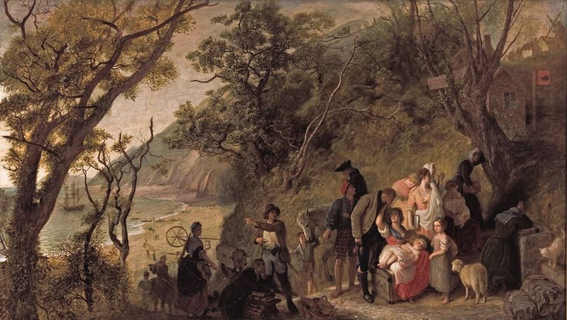 La Aldea Desierta, óleo sobre lienzo de Joseph Severn, que representa casas abandonadas en un paisaje tranquilo.