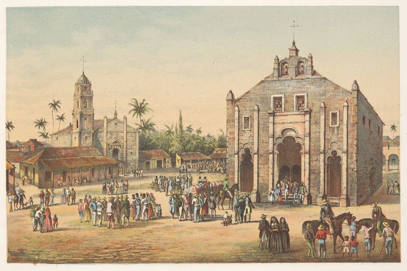 Gravura de Pierre Toussaint Frédéric Mialhe representando uma igreja em uma paisagem serena.