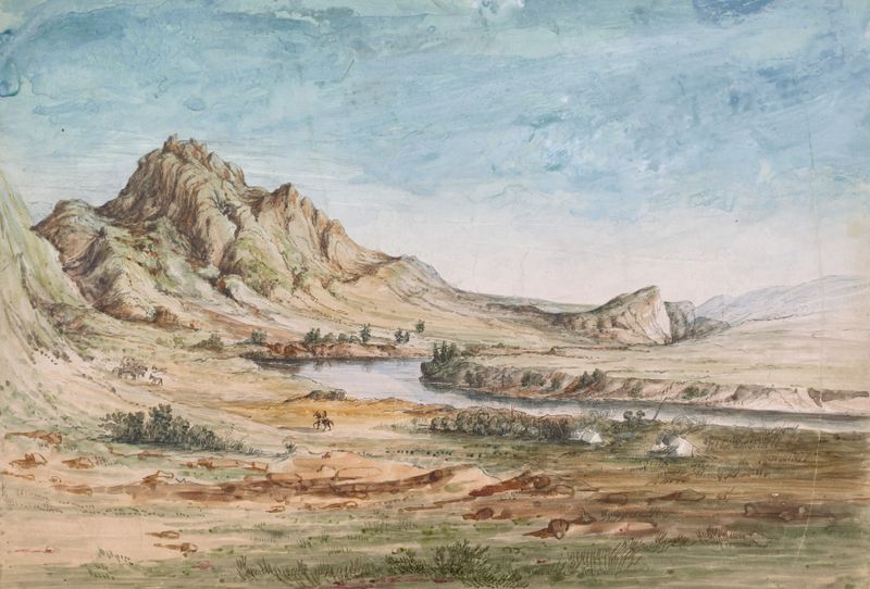 Paisagem de Bear’s Teeth Missouri River Gate of the Mountains de John Mix Stanley, meio desconhecido.