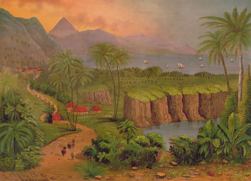 On the coast of California by F. Gleason, depicting rugged cliffs and ocean waves, oil painting