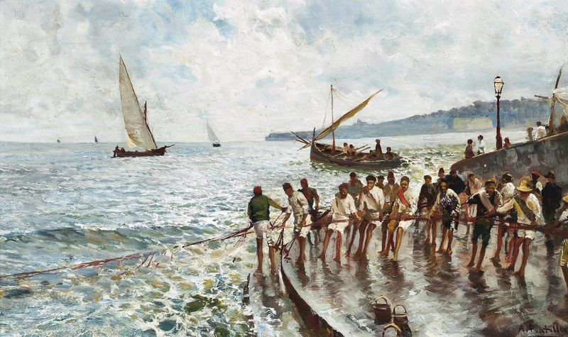 Marine scene with a fisherman and nets, oil painting by Attilio Pratella