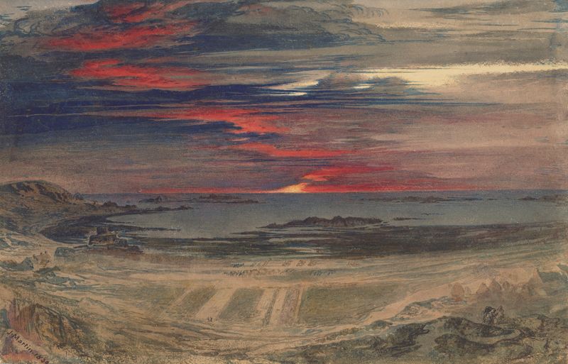 Sunset over a rocky bay, oil painting by John Martin, featuring cliffs and twilight colors.