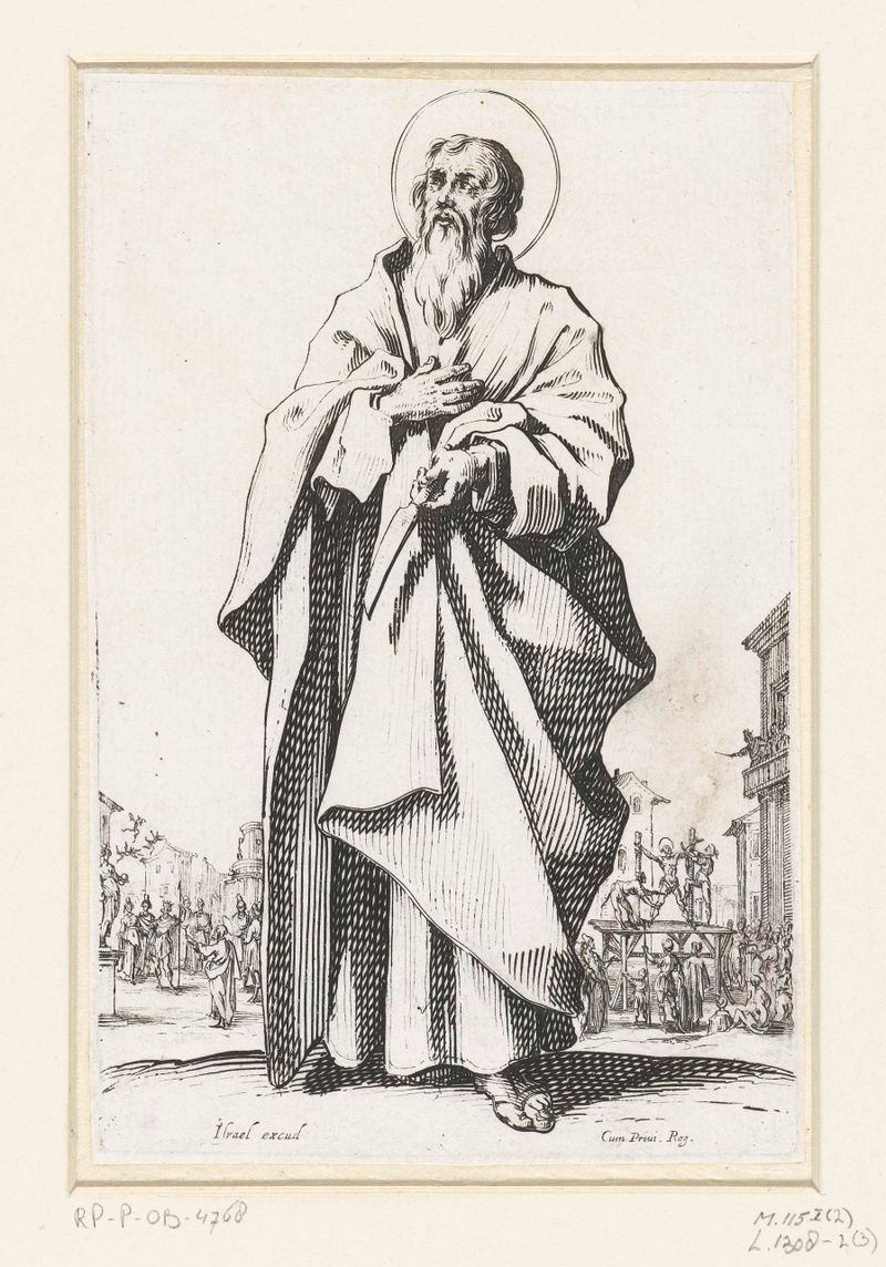 Apostel Bartholomeüs de Jacques Callot, grabado de un santo en una túnica con claroscuro