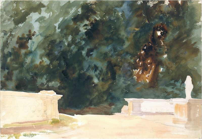 Terrace and Gardens de John Singer Sargent, óleo sobre lienzo, con una figura en una terraza rodeada de flores.