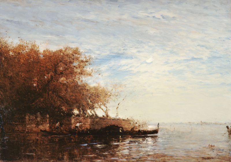 Cena de jardim iluminado pela lua com água, pintura a óleo de Félix Ziem