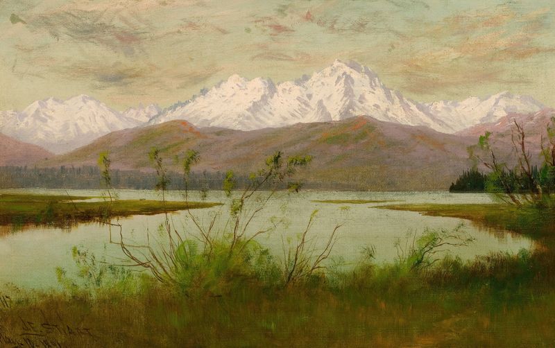 Olympic Range from Skokomis River, Washington by James Everett Stuart, oil on canvas depicting mountains and river.