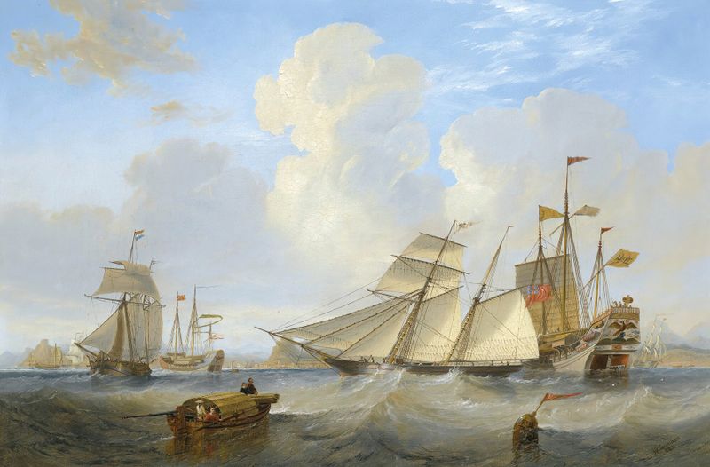 Marine scene with a schooner on the ocean by James Wilson Carmichael, oil painting, 1843