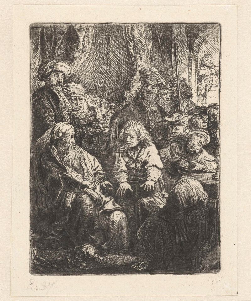 Grabado de Rembrandt van Rijn que representa a José con los brazos levantados en una túnica colorida.