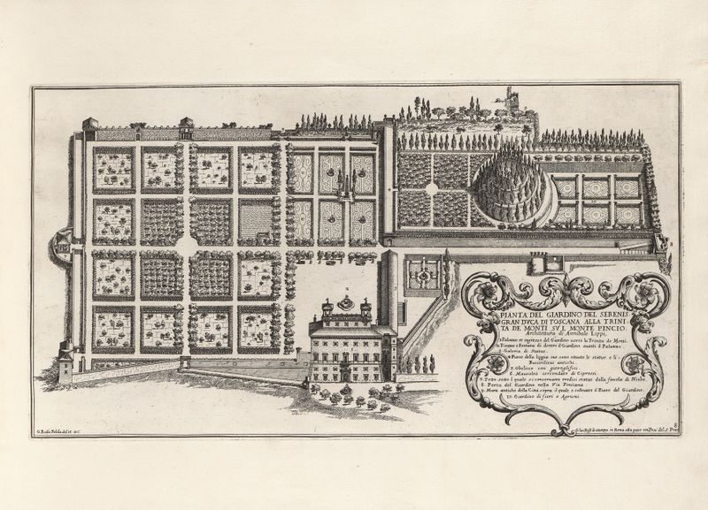 Jardines botánicos con terrazas de Giovanni Battista Falda, grabado
