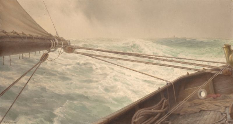 Pintura a óleo de Henry Brokman retratando um mar e céu turbulentos.