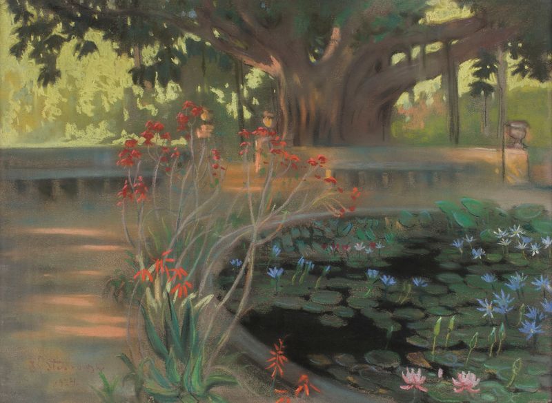 Lotuses in a park, oil on canvas by Kazimierz Stabrowski