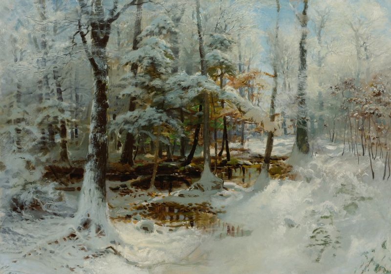 Quiet Winter Afternoon, óleo sobre lienzo de William Bliss Baker que representa un sereno paisaje nevado.