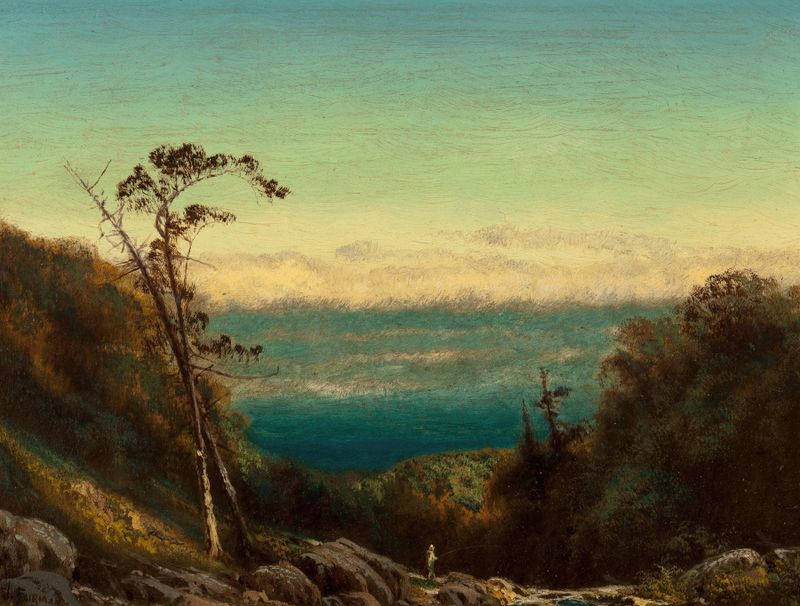 Man fishing in a river landscape, oil on canvas by James Fairman