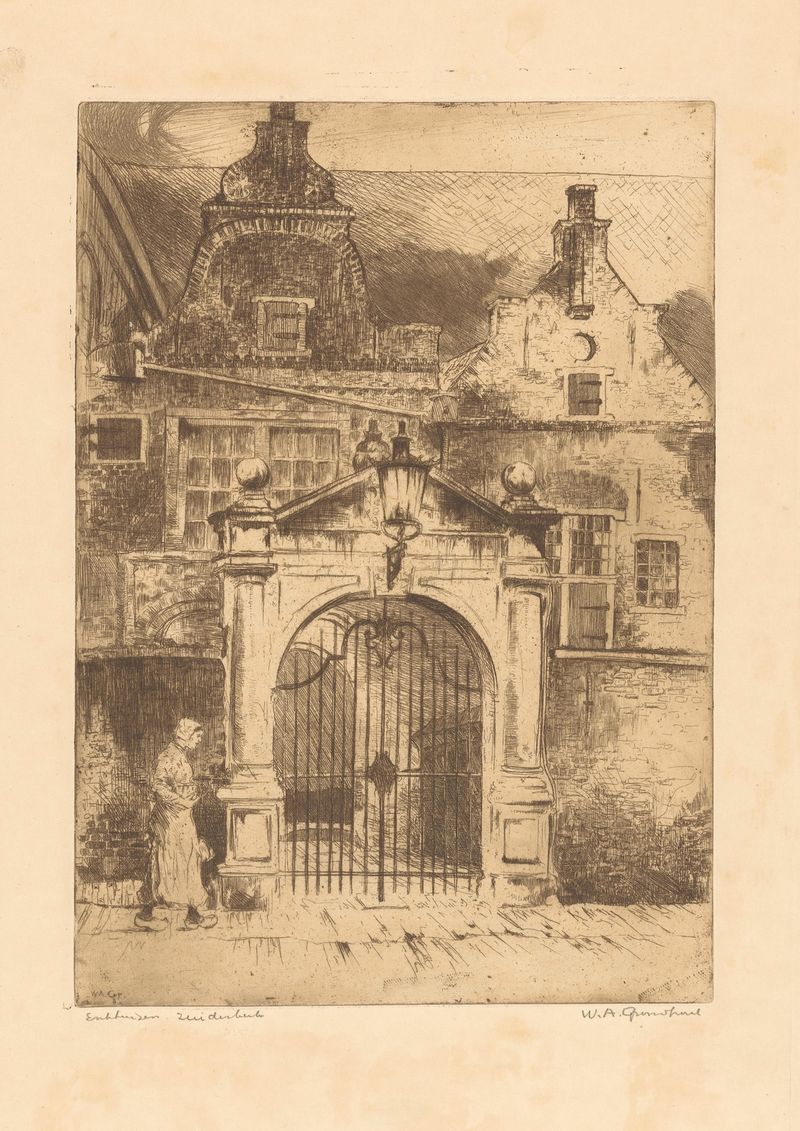 Paisaje con luz dorada y arquitectura de pueblo por Willem Adrianus Grondhout, óleo sobre lienzo