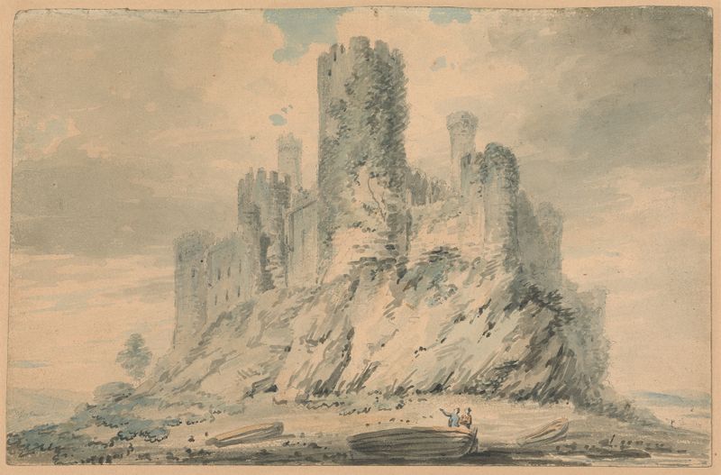Conway Castle by Edward Dayes, oil painting depicting a twilight landscape with majestic towers.