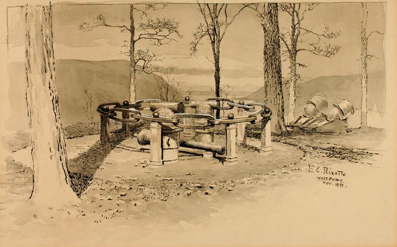 Pintura al óleo de Ernest Peixotto que muestra una espada y una placa, evocando reflexión histórica.