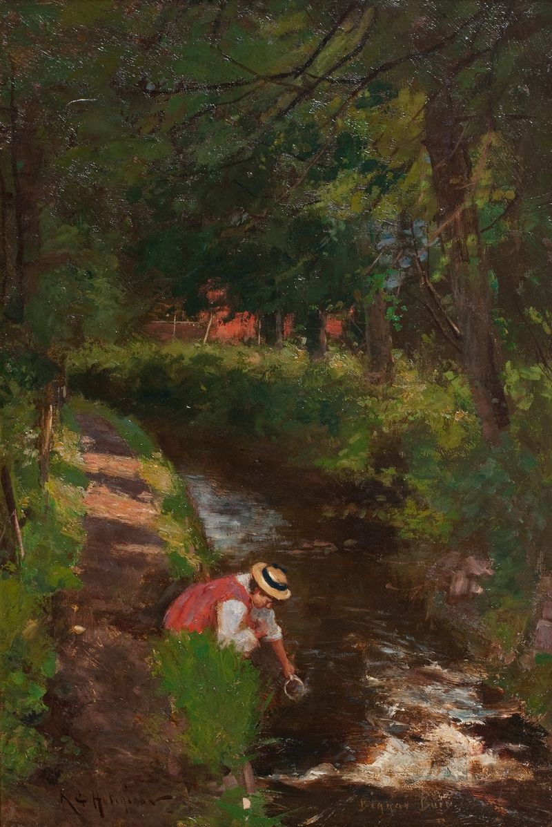 Biggar Burn by Robert Gemmell Hutchison, oil on canvas depicting a river through a vibrant forest