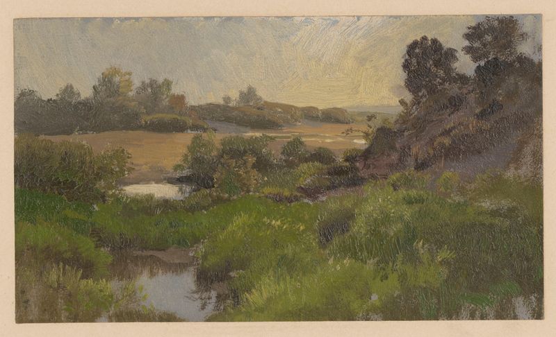 Aquatic landscape near Trzebnica de Adolf Dressler, óleo sobre lienzo que representa una escena de agua tranquila