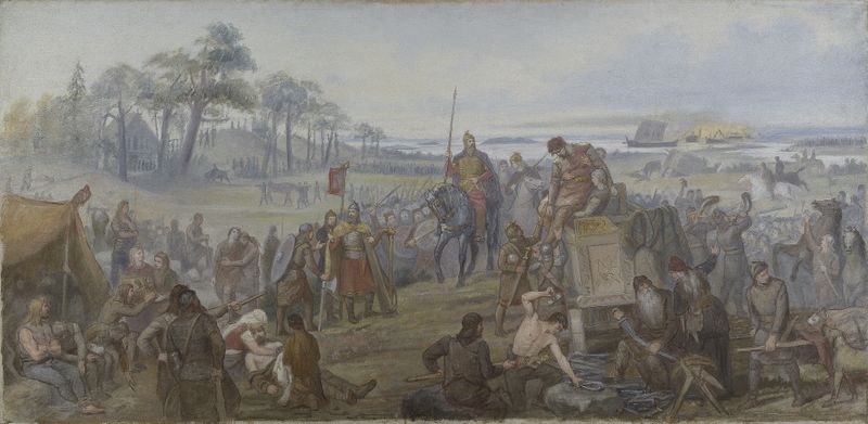 Cena histórica com guerreiros caídos em uma paisagem de Mårten Eskil Winge, pintura a óleo
