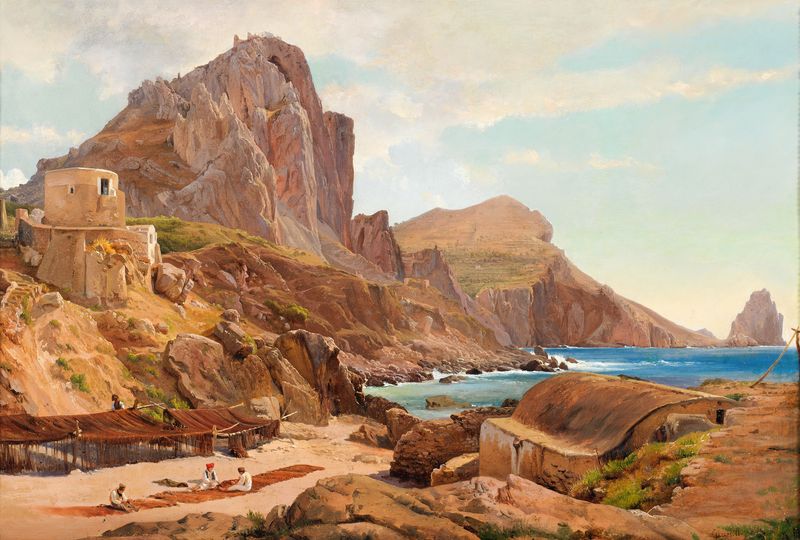 Marina Piccola, Capri by Louis Gurlitt, oil painting depicting a serene coastal scene with gentle waves.