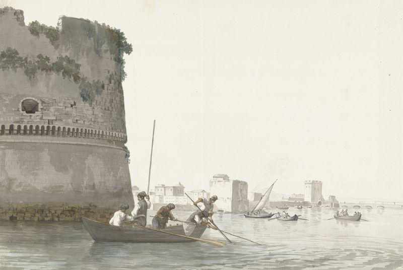 Escena marina con pescadores y barcos en Mare Piccolo de Abraham-Louis-Rodolphe Ducros, pintura al óleo
