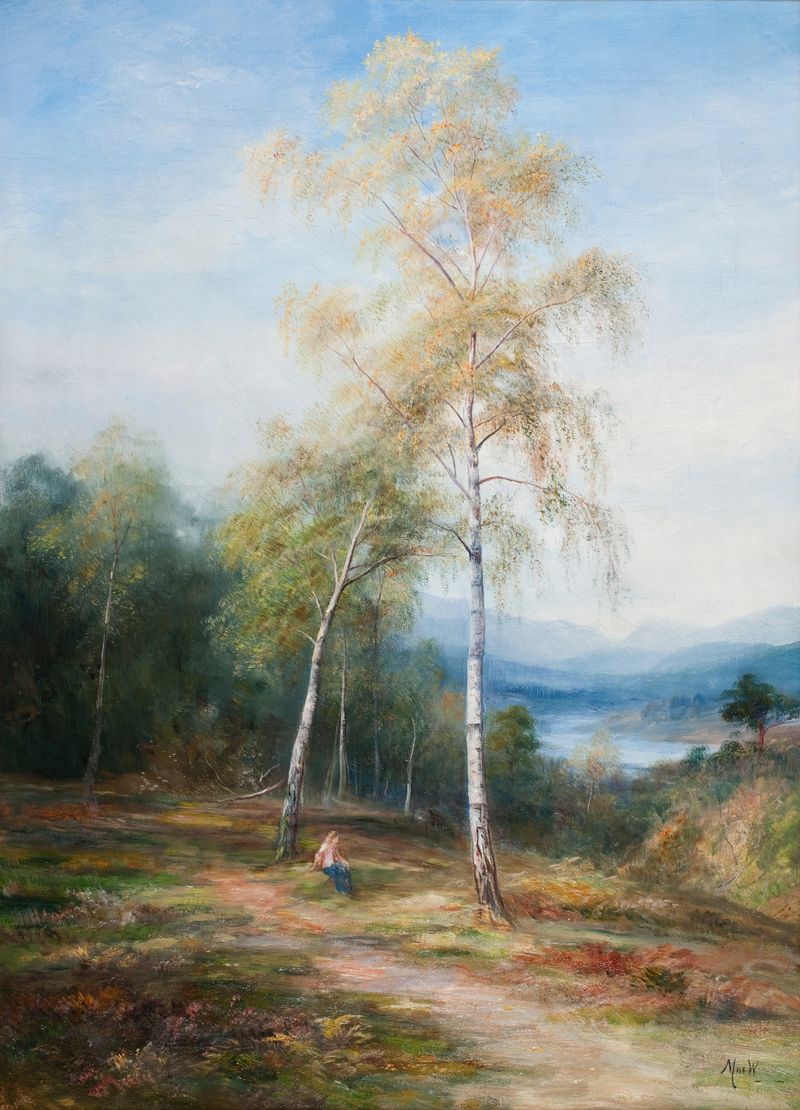 Paisagem com uma bétula prateada, pintura a óleo de John MacWhirter