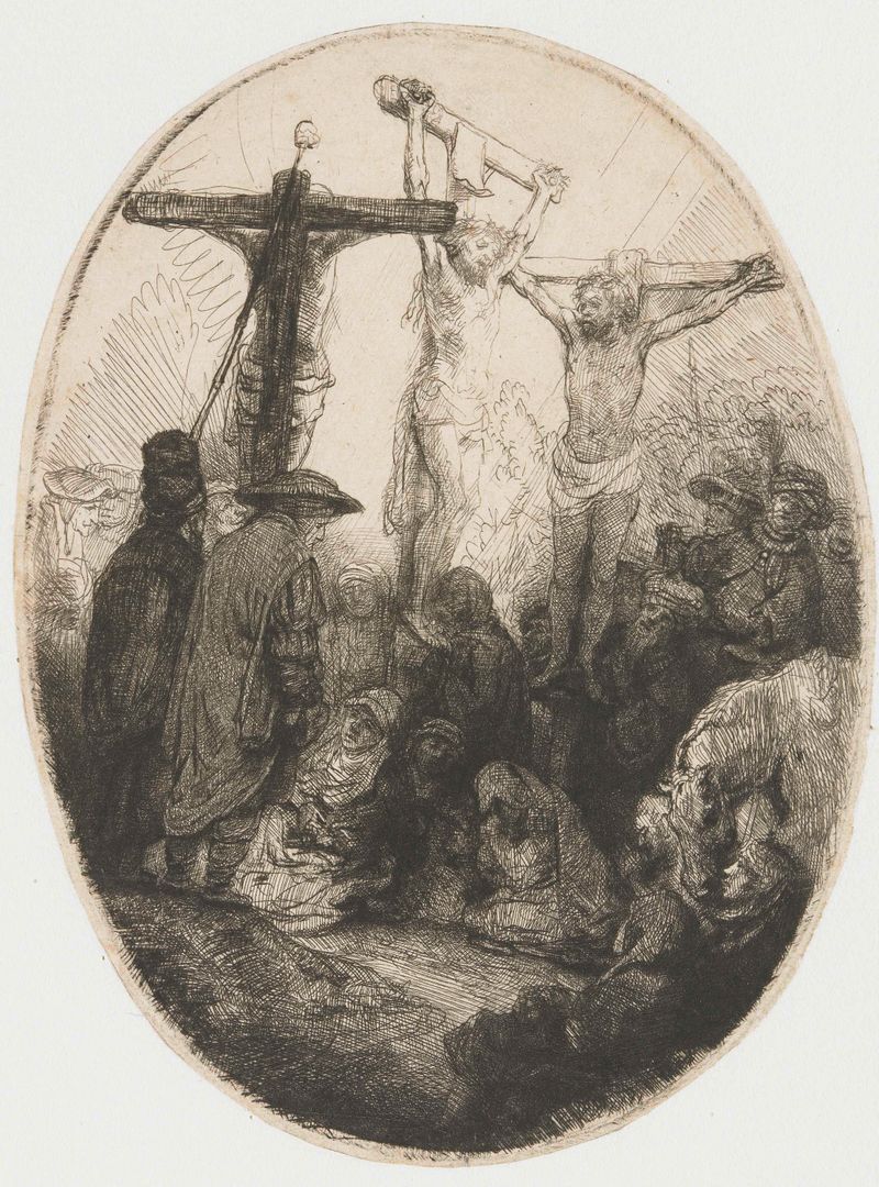 Cristo na cruz com dois ladrões, gravura de Rembrandt van Rijn