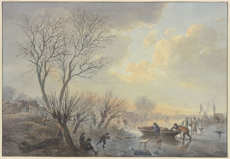 Winterlandschaft by Abraham Teerlink, oil painting showing men pushing a boat on ice with dogs.