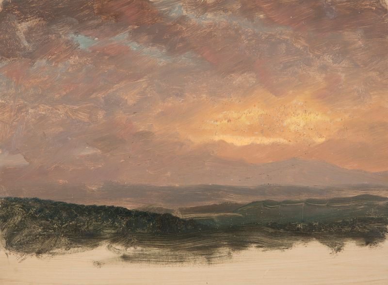 Sunset over the Catskills, óleo sobre lienzo de Frederic Edwin Church, con un vibrante atardecer sobre colinas y agua.