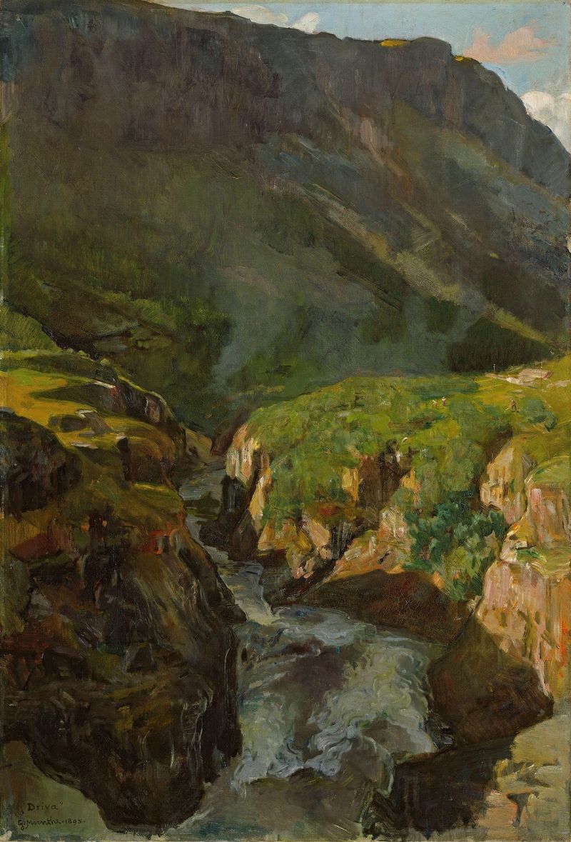 The River Driva, oil painting by Gerhard Munthe, depicting a serene river landscape.